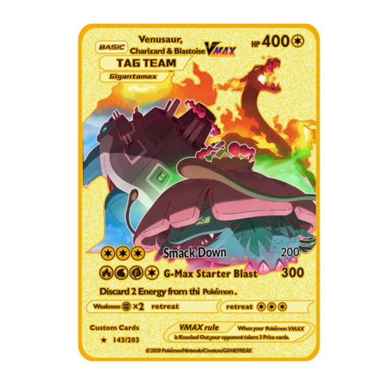 Carte Gold en Métal Pokémon Florizarre, Dracaufeu et Tortank